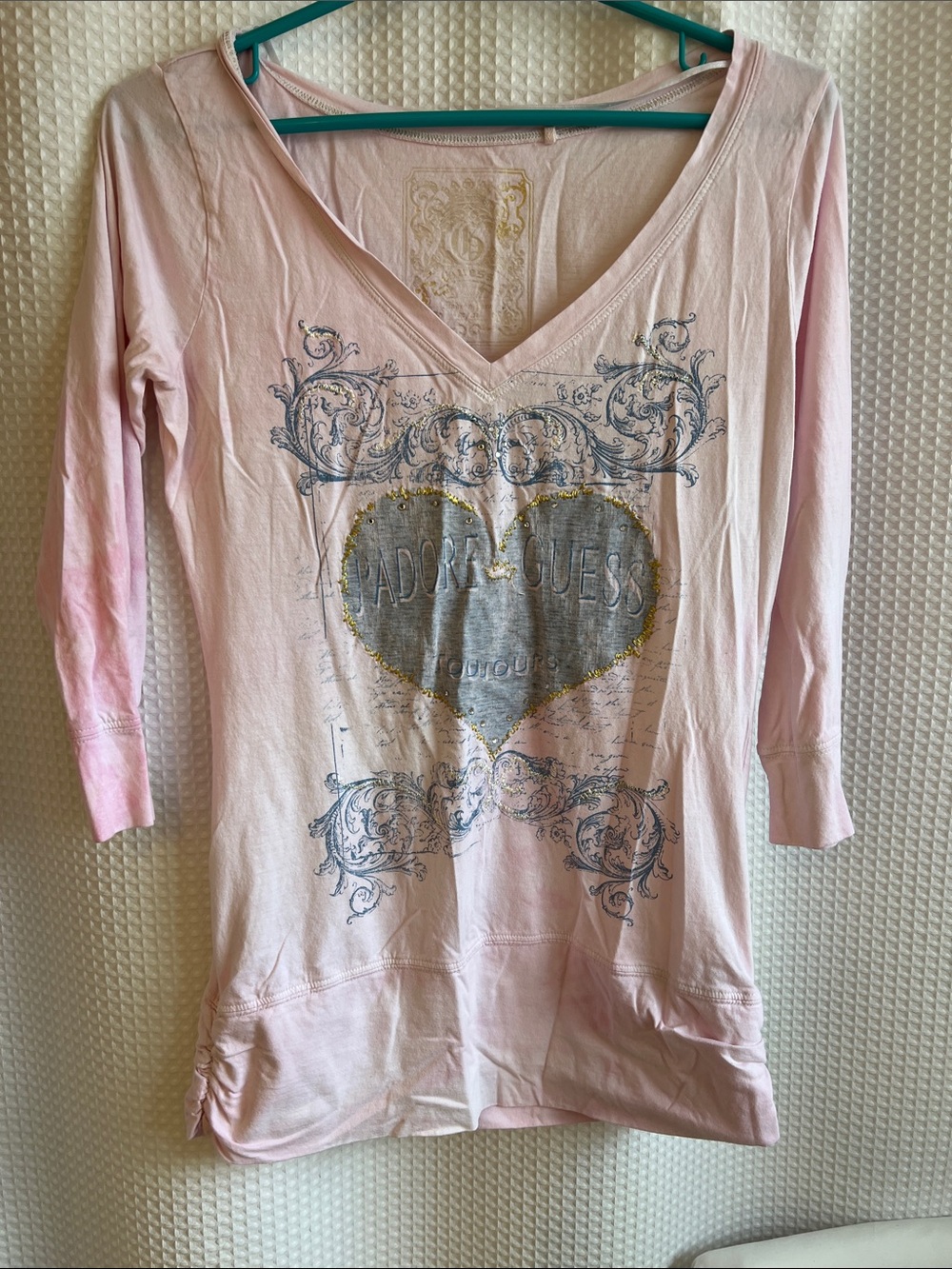 Guess Pink Long Sleeve V-Neck Graphic Tee—726-018